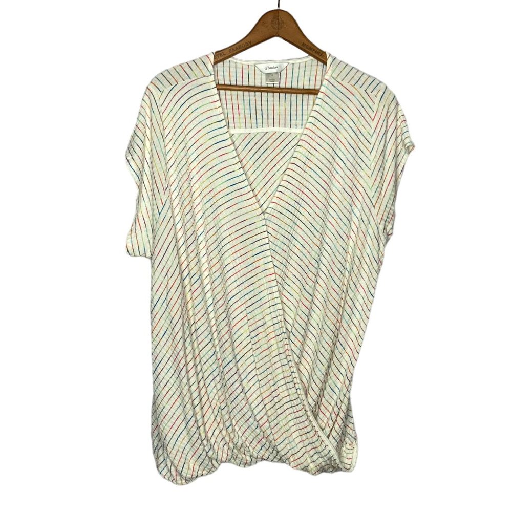 CJ Banks 1X White Rainbow Striped Faux Wrap Surplice Front Knit Blouse Top Plus